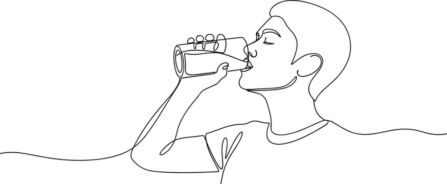 Continuous line drawing of a man drinking from a bottle, minimalist illustration