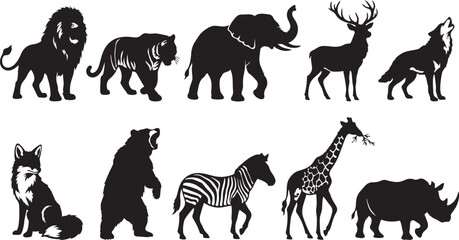 Wild animal silhouettes collection, lion tiger elephant deer wolf fox bear zebra giraffe rhinoceros icons, black outline illustration design art © MOSTSHAHANAJ