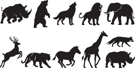 Wild animal silhouettes collection, rhinoceros bear wolf lion elephant deer tiger horse giraffe fox icons, black outline illustration design art © MOSTSHAHANAJ