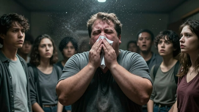 A man sneezes into a tissue, surrounded by a crowd of concerned people in a dimly lit indoor setting.