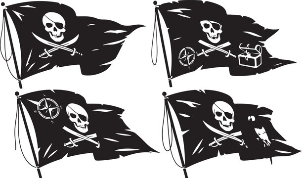 Black and white of four pirate flags with skull and crossbones symbols jolly roger black flag
