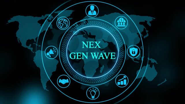 Global business digital network interface with rotating and nex gen wave text for corporate technology presentation