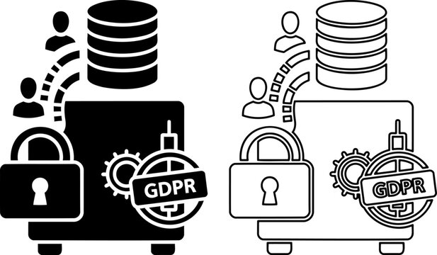 Encrypted data storage icons with GDPR vault and secure server symbols for information privacy systems