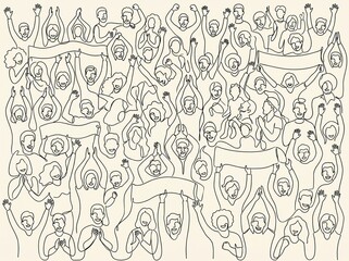 Fototapeta premium Doodle crowd of people with arms raised line art illustration celebration