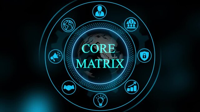 Digital core matrix hud interface with rotating globe and global business for corporate technology presentations