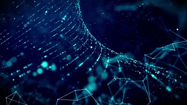 Abstract background featuring glowing blue digital network particles moving through space in a high tech motion graphic loop.