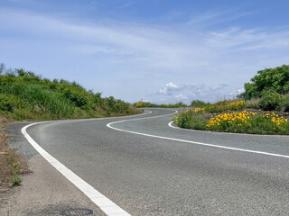 Fototapeta premium 青空へ続くS字カーブの道路 / 希望や挑戦を表現する風景素材