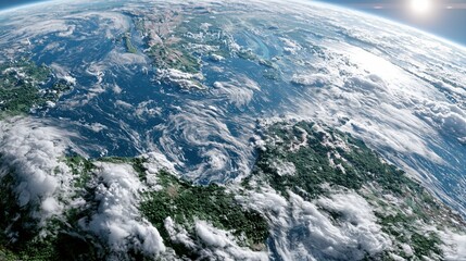 Fototapeta premium Stunning View of Earth from Space with Clouds and Sunlight Glinting Off Atmosphere