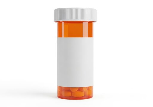 Orange capsules in a clear prescription pill bottle with white cap isolated on white background