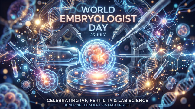 World embryologist day celebrates ivf, fertility, and lab science with glowing dna and cells