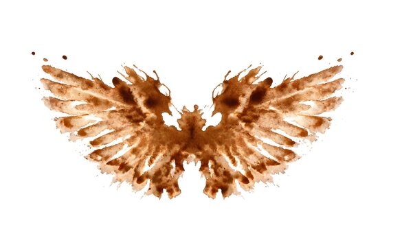 Symmetrical Rorschach inkblot of abstract brown wings, creating an ethereal and dreamlike visual effect on a white background