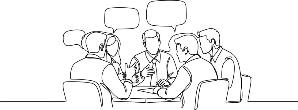Team brainstorm session, business meeting with speech bubbles, continuous line drawing