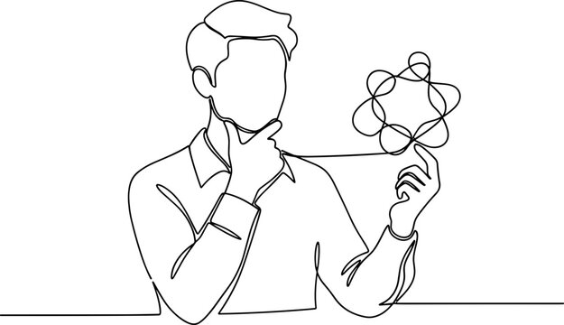 Man contemplating molecule, single line drawing, science and innovation concept