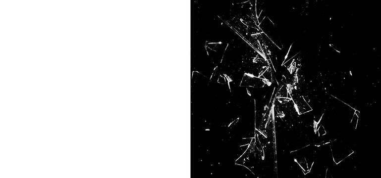 Shattered glass fragments on a dark background with sharp edges and pieces isolated on transparent background