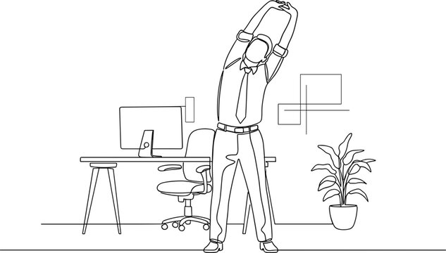 Man in suit stretching at office desk, healthy work break, line art illustration