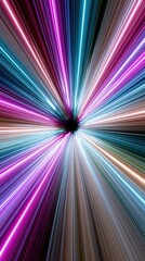 Fototapeta premium Vibrant burst of colorful neon lights radiating outwards from a central black void, abstract energy tunnel