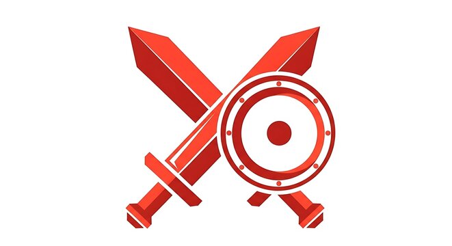 Red sword crossing shield with circular emblem, durga symbol crossed sword shield emblem