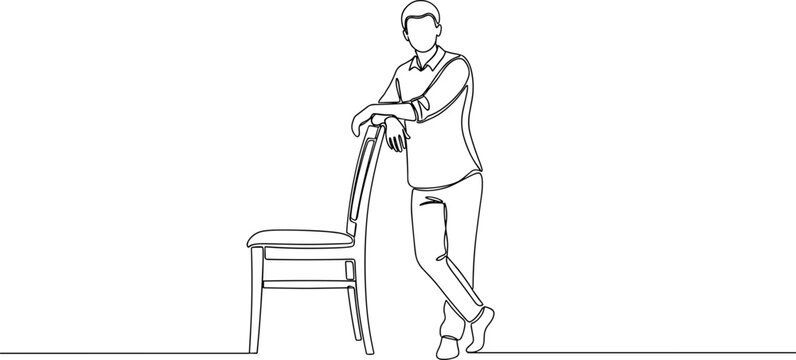 Minimalist man leaning on chair, continuous line drawing, simple, modern, clean, white background