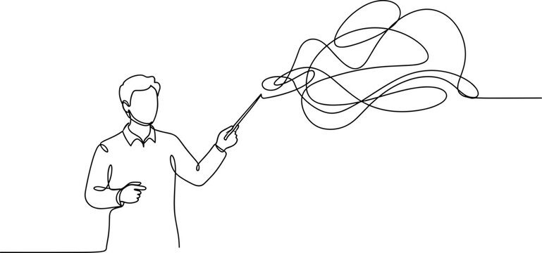 Man drawing complex lines with pointer stick, single line art concept