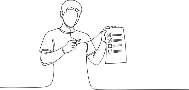 Man holding checklist with checkboxes, continuous line drawing, concept of task completion and planning