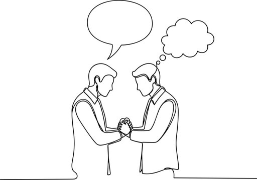 Two men shaking hands with speech and thought bubbles, conceptual illustration
