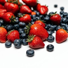 Obraz premium Fresh Strawberries and Blueberries Scattered on a White Surface for a Healthy Snack or Dessert Option