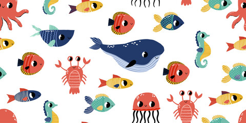 Obraz premium Colorful Sea Life Seamless Pattern Hand Drawn Fish and Whale Background for Children Birthday Under the Sea Party School Supplies Kids Fashion