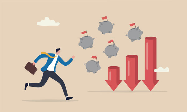 Loss crisis stock flag on red pillars market crash, financial problem or losing all savings pension concept, businessman running trying to catch flying deflate bank balloon