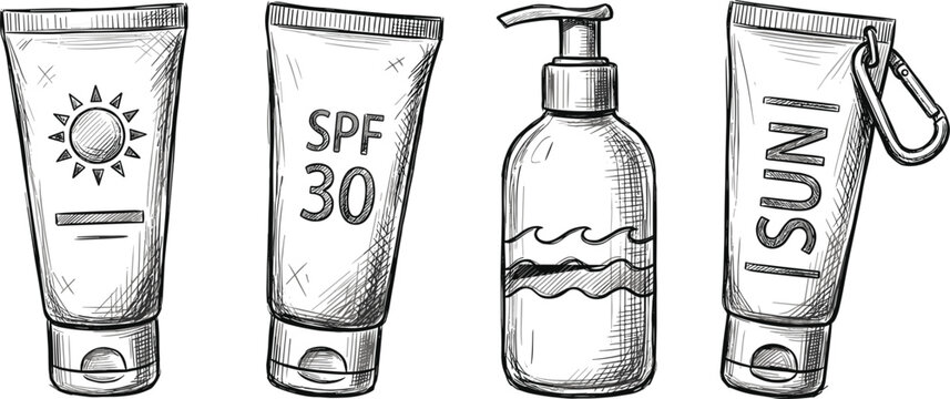 Hand Drawn Sunscreen Cosmetic Packaging Vector Set with SPF Cream Bottles Sun Protection Lotion and Skincare Product Illustrations