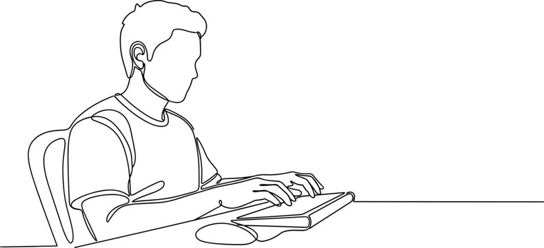 Continuous line drawing of a young man typing on a keyboard at a desk, minimalist style
