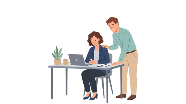 Modern flat vector illustration of employee comforting stressed coworker with supportive gesture showing empathy teamwork and workplace care