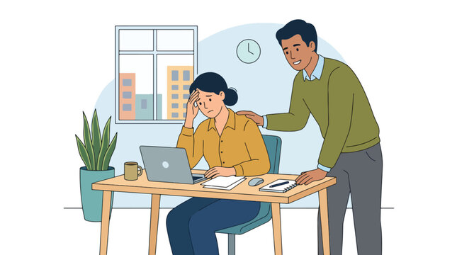 Modern flat vector illustration of employee comforting stressed coworker with supportive gesture showing empathy teamwork and workplace care