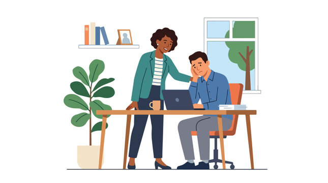 Modern flat vector illustration of employee comforting stressed coworker with supportive gesture showing empathy teamwork and workplace care