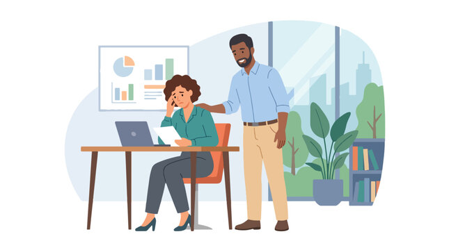 Modern flat vector illustration of employee comforting stressed coworker with supportive gesture showing empathy teamwork and workplace care