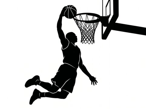 Basketball player silhouette slam dunking on white background with slam dunk