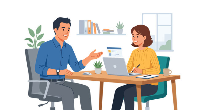 Modern flat vector illustration of mentor teaching young intern at laptop showing supportive workplace learning and professional interaction