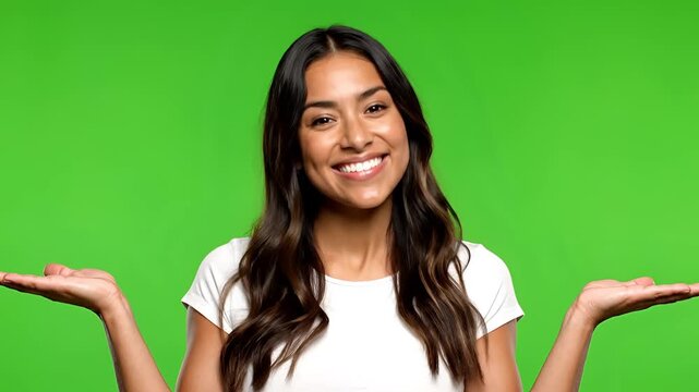 Young Woman Gesturing With Open Palms Against Green Screen Background.