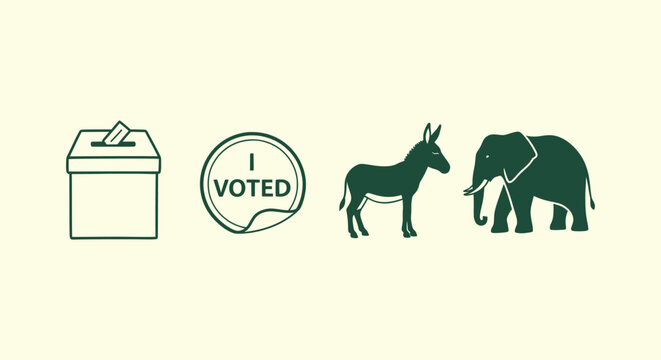US Election Symbols with Ballot Box I Voted Sticker Donkey and Elephant Icons on Cream Background