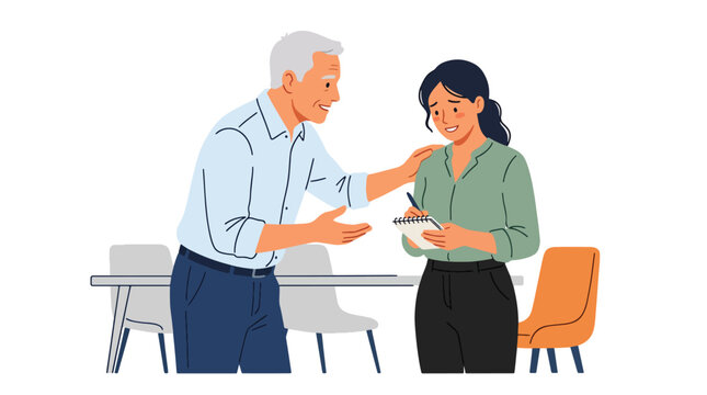 Modern flat vector illustration of senior employee encouraging shy new coworker during first meeting showing inclusion support and workplace connection