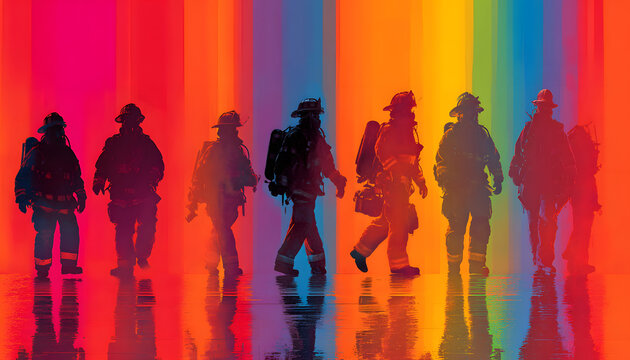 The silhouettes of first responders including a firefighter, medic, and police officer are against a vibrant colorful rainbow wallpaper background.