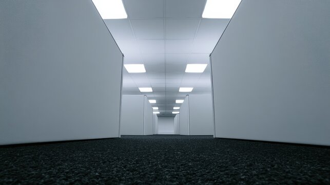 A long, empty, white corridor with gray carpeting and fluorescent lighting
