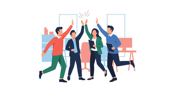 Modern flat vector illustration of coworkers celebrating completed project with laughter and high five showing teamwork and workplace happiness