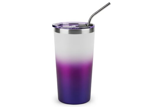Gradient metallic tumbler with straw lid and bendy straw isolated on white background