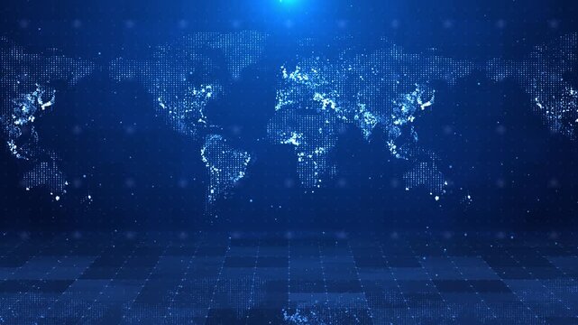 Digital world map with glowing particles on dark blue background representing global network and big data.