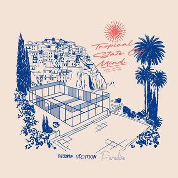 Hand Drawing Line art Amalfi Tropical Island. Summer Beach Tee Shirt Design. Tennis Court with beach illustration. 