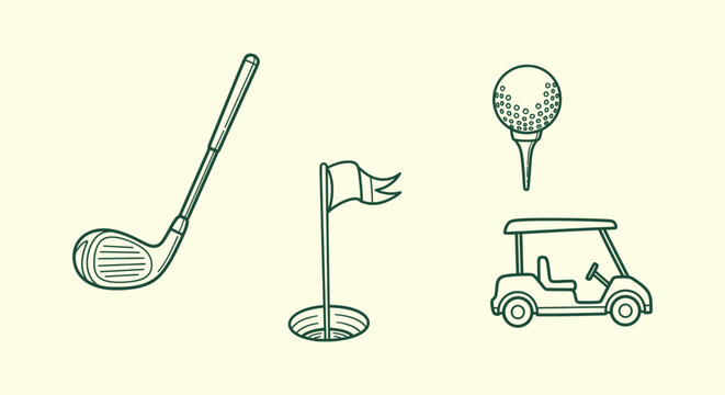 Retro style golf icon collection with club flagstick ball on tee and cart illustration line art.