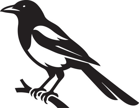 Black and white magpie bird silhouette perched on a branch simple graphic illustration for nature and wildlife themes isolated on white