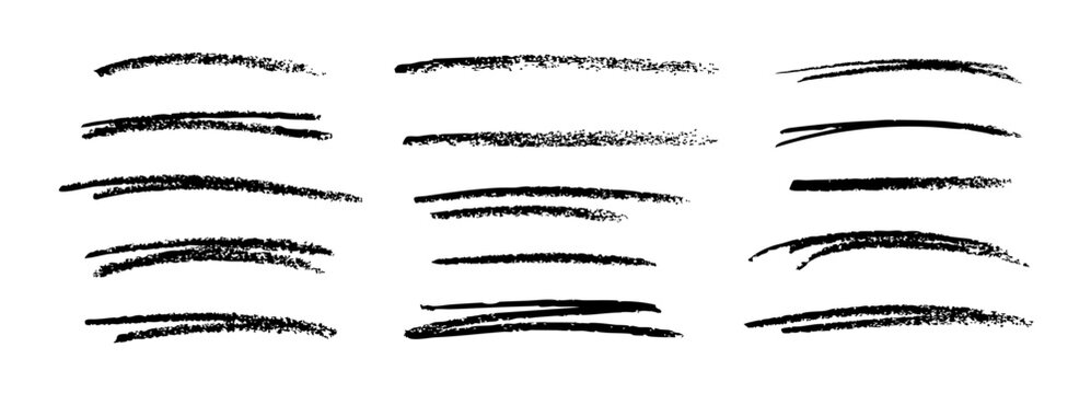 Hand drawn crayon scribble pencil lines, chalk stroke, squiggles. Vector charcoal swirls, marker, pen, brushstroke on doodle style lines. Horizontal underline strokes with rough edges collection