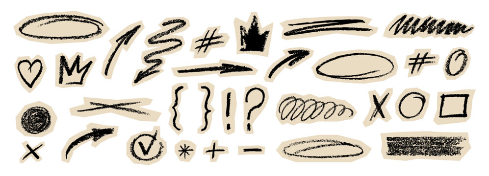 Hand drawn scrapbook crayon collage sticker doodle set. Vector icon grunge magazine sketch cutout and ripped heart, circle, arrow, crown, cross, sign