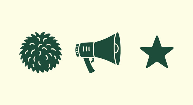 Minimalist Green Cheerleading and School Spirit Icons Featuring Pom-pom Megaphone and Star Graphic.